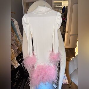 White and Pink ostrich Feathered Mini Dress size small
